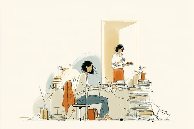 Sara writes at a cluttered desk while her mother stands in the doorway with milk and cookies.