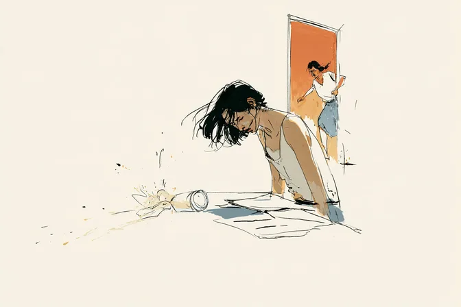 Sara doubles over a desk as a glass spills, and her mother runs in from the doorway.