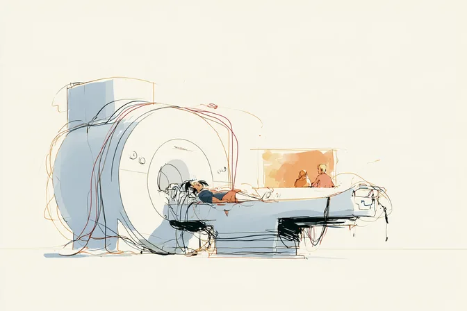 Sara lies on a scanner bed while two people wait beyond the glass.