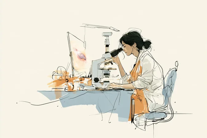 A pathologist looks through a microscope at a stained tissue sample shown on a monitor.