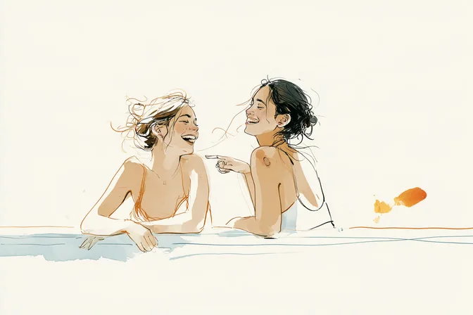 Two friends laugh in a pool as one points to a mole on the other's shoulder.