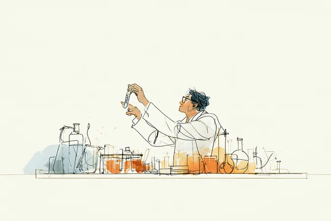 A scientist holds a test tube up to the light at a bench of bottles and flasks.