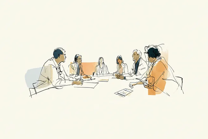 Sara sits with five clinicians around a conference table.
