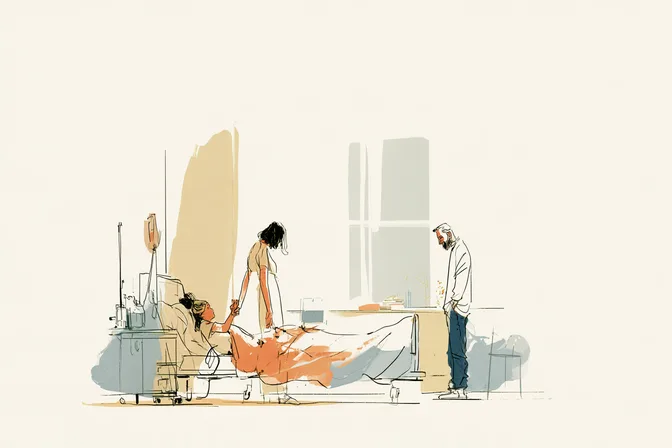Sara lies in a hospital bed holding her mother's hand while her father stands by the window.