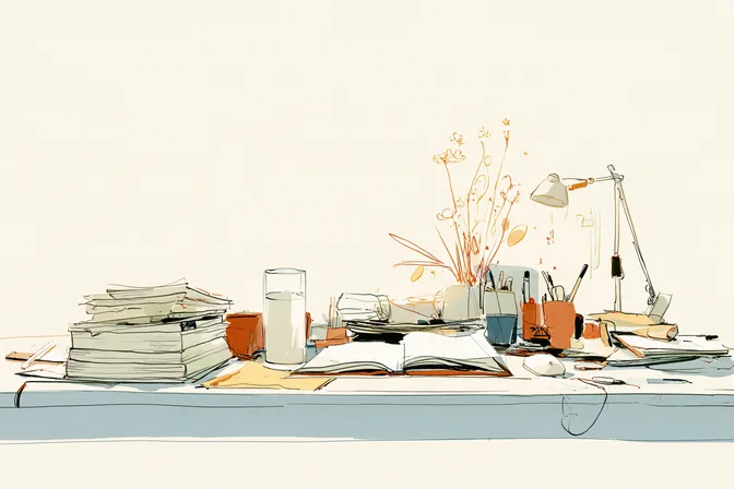 An empty desk holds stacked essays, an open notebook, and a full glass of milk.