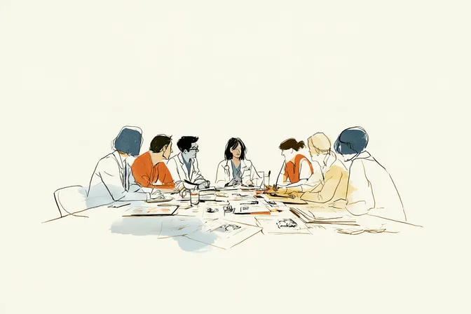Sara meets with a larger care team around a table of scans and notes.