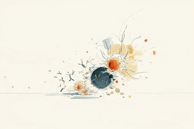 Illustrated immune cells, one large and dark, among smaller cells.
