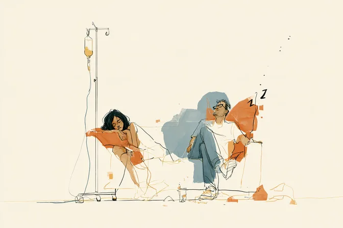 Sara rests in a hospital bed beside an IV pole while her father sleeps in a chair.
