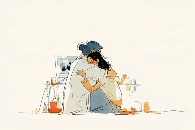 Sara and her mother embrace in front of a monitor showing a medical scan.