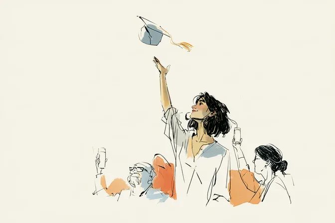 Sara tosses her graduation cap while her parents raise glasses of milk.