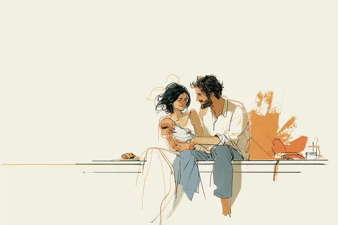 Years later, Sara sits on a porch holding her newborn, with her partner beside her.